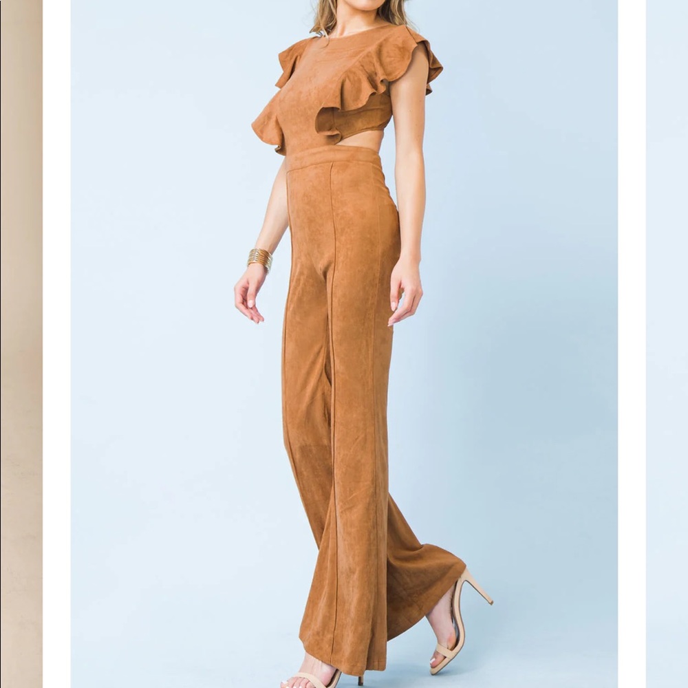 Tan Suede Ruffle Jumpsuit